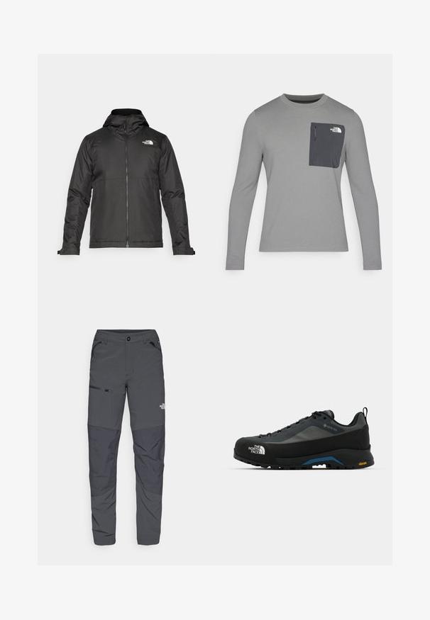 Črna zip-up jakna s kapuco, izdelana iz gladkega materiala. Ima logo na prsih in nastavljive manšete za udobno prileganje.; Siva srajca z dolgimi rokavi z teksturirano tkanino, ki ima temnosivo žep na prsih in zadrgo. Logotip na žepu je bel.; Sive hlače za prosti čas z gladko teksturo, z žepom na zadrgo po strani, ojačanim kolenom in diskretno podrobnostjo logotipa.; The North Face VERTO ALPINE GORE TEX - Pohodniški čevlji - asphalt grey/tnf black
