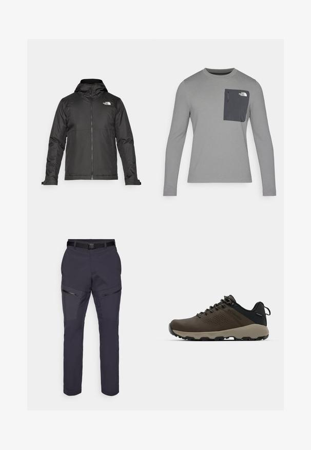 Schwarze Zip-Jacke mit Kapuze, aus glattem Stoff. Verfügt über ein Logo auf der Brust und verstellbare Bündchen für einen engen Sitz.; Langärmliges graues Shirt aus strukturiertem Stoff, mit einer dunkelgrauen Brusttasche und einem Reißverschluss. Logo in Weiß auf der Tasche.; Dunkelblaue Outdoor-Hosen mit Slim Fit, ausgestattet mit Reißverschlusstaschen, verstärkten Kniepartien und einem verstellbaren Bund. Leichtes Material.; Braune wasserdichte Sneakers mit einer strukturierten Oberseite, perforierten Akzenten, schwarzem Fersenschutz und einer grauen Gummisohle. Die Schnürsenkel sind mit metallischen Enden gestaltet.