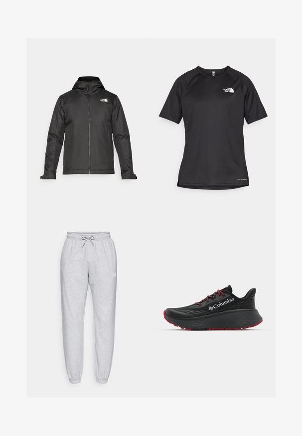 Sort lynlåsjakke med hætte, lavet af glat stof. Har et logo på brystet og justerbare manchetter for en tætsiddende pasform.; Sort kortærmet træningsskjorte i tekstureret stof med et hvidt logo på venstre bryst og lige kant.; Lys grå sweatpants med elastisk linning og snøre.  Cuffede ankler og subtil branding på den øvre del af benet. Lavet af blødt stof.; Sort atletisk sko med struktureret overdel, røde snørebånd og logo. Tykk sål med mønstret bund for godt greb. Minimalistisk design, set fra siden.