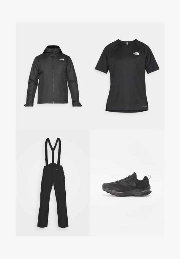 Juoda zip-up striukė su kapišonu, pagaminta iš lygios medžiagos. Yra logotipas ant krūtinės ir reguliuojamos rankogaliai, užtikrinantys tvirtą prigludimą.; Juoda trumpa rankovė atletinė marškinė, pagaminta iš tekstūruotos medžiagos, su baltu logotipu kairėje krūtinės pusėje ir tiesiu apdailos kraštu.; Juodos didelio našumo sniego kelnes su reguliuojamais petnešomis, priekinių užtrauktukų kišenėmis ir lygiu, patvariu paviršiumi.; Juodos sportinės bateliai su tinklelio viršumi, guminiais padu ir paminkštintu apykakle. Yra raišteliai, logotipas šone ir tekstūruotas dizainas.