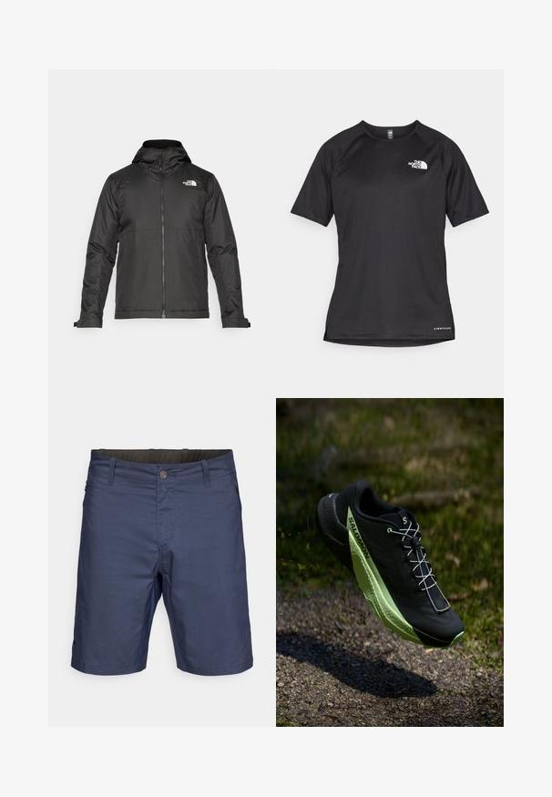 Svart zip-up jakke med hette, laget av glatt materiale. Har et logo på brystet og justerbare mansjetter for en tett passform.; Svart kortermet treningstrøye med strukturert stoff, med en hvit logo på venstre bryst og rett kant.; Mørkeblå shorts laget av et glatt stoff, med knappelukking og sidelommer. Rent design uten synlige mønstre eller accenter.; Svart løpesko med teksturert overflate og grønne detaljer. Har et lett design og en unik, mønstret såle for bedre grep.