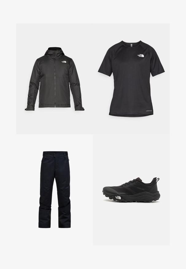 Black zip-up jacket with a hood, made of smooth fabric. Features a logo on the chest and adjustable cuffs for a snug fit.; Black short-sleeve athletic shirt with a textured fabric, featuring a white logo on the left chest and a straight hem.; Black waterproof pants with a straight cut, two button closure, zippered pockets, and adjustable waistband. Features smooth, durable fabric.; Black trail running shoe with a textured upper, rubber sole, and reinforced toe cap. Features a padded collar and pull tab for easy wear.