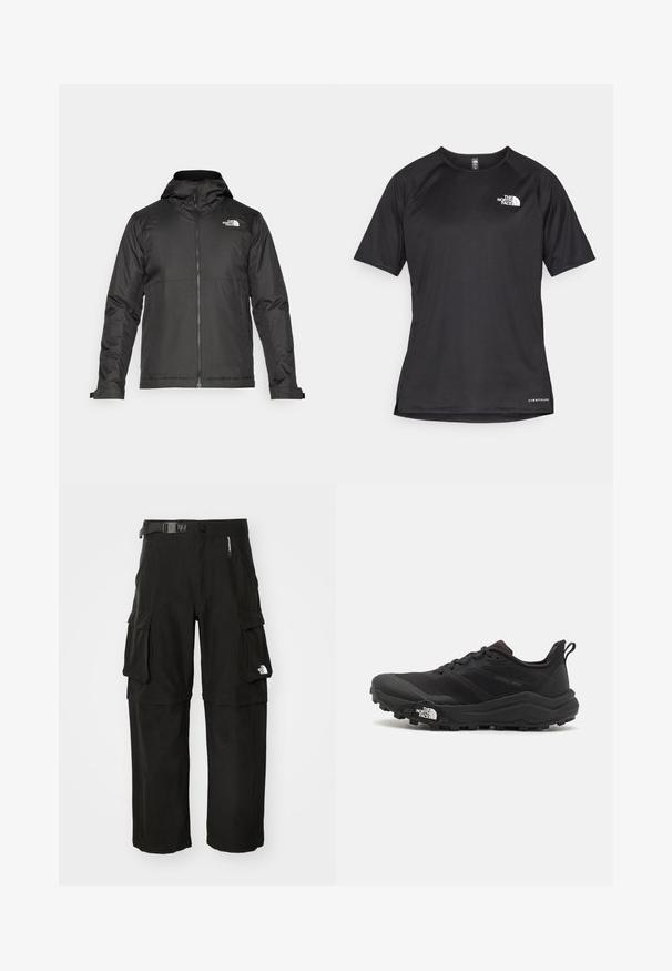 Svart zip-up jakke med hette, laget av glatt materiale. Har et logo på brystet og justerbare mansjetter for en tett passform.; Svart kortermet treningstrøye med strukturert stoff, med en hvit logo på venstre bryst og rett kant.; Sorte cargo bukser laget av slitesterkt stoff, med flere lommer, belte og logo på den nedre delen av benet. Rett snitt med en jevn tekstur.; Svart terrengløpesko med teksturert overdel, gummisåle og forsterket tåhette. Har polstret krage og løftestropp for enkel påkledning.