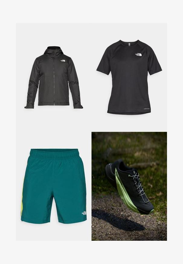 Schwarze Zip-Jacke mit Kapuze, aus glattem Stoff. Verfügt über ein Logo auf der Brust und verstellbare Bündchen für einen engen Sitz.; Schwarzes kurzärmliges Sportshirt aus strukturiertem Stoff, mit einem weißen Logo auf der linken Brust und einem geraden Saum.; Türkise Shorts mit elastischem Bund, seitlichen gelben Akzenten und einem kleinen weißen Logo an der unteren rechten Beinform, gefertigt aus leichtem Stoff.; Schwarzer Laufschuh mit strukturierten Oberflächen und grünen Akzenten. Verfügt über ein leichtes Design und eine einzigartige, gemusterte Sohle für Traktion.