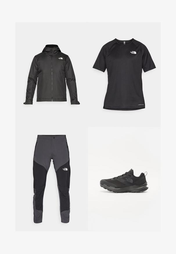 Črna zip-up jakna s kapuco, izdelana iz gladkega materiala. Ima logo na prsih in nastavljive manšete za udobno prileganje.; Črna kratko rokavna športna majica iz teksturirane tkanine, z belim logotipom na levem prsnem delu in ravnim robom.; Črne in sivo zunanje hlače s prilegajočim dizajnom, z žepi na zadrgo in logotipom na sprednji strani. Narejene iz lahkega, trpežnega materiala.; Črne športne čevlje z mrežastim zgornjim delom, gumijastim podplatom in oblazinjenim ovratnikom. Imajo vezalke, logo na strani in strukturiran dizajn.