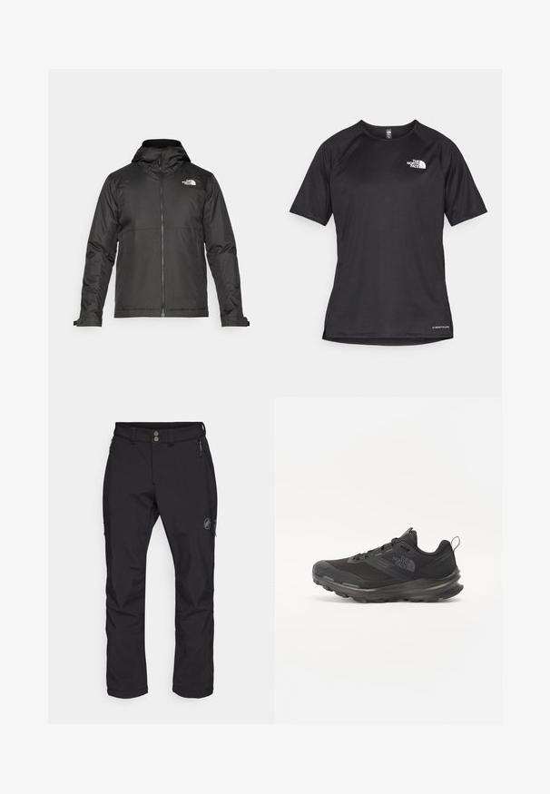 Casaco preto com fecho éclair e capuz, feito de tecido suave. Apresenta um logotipo no peito e punhos ajustáveis para um encaixe perfeito.; Camisa atlética preta de manga curta com um tecido texturizado, apresentando um logotipo branco no peito esquerdo e uma bainha reta.; Calças de exterior pretas com um design de perna reta, feitas de um tecido durável. Apresenta dois bolsos frontais com fechos de correr e um logótipo na coxa.; Sapatilha atlética preta com parte superior em malha, sola de borracha e colarinho almofadado. Apresenta atacadores, logótipo de lado e um design texturizado.