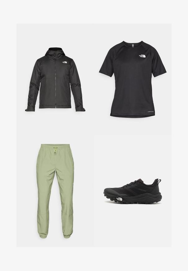 Svart zip-up jacka med huva, tillverkad av mjukt tyg. Funktionen inkluderar en logotyp på bröstet och justerbara ärmslut för en tät passform.; Svart kortärmad träningsskjorta i strukturerad tyg, med en vit logotyp på vänster bröst och rak fåll.; Ljusgröna sportbyxor med elastisk midja, dragsko och ankle cuffs; har två sidofickor och en slät yta.; Svart terränglöparsko med en strukturerad ovandel, gummisula och förstärkt tåhätta. Har en vadderad krage och en dragflik för enkel påtagning.