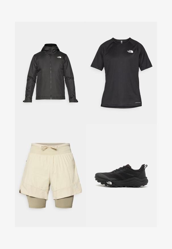 Svart zip-up jakke med hette, laget av glatt materiale. Har et logo på brystet og justerbare mansjetter for en tett passform.; Svart kortermet treningstrøye med strukturert stoff, med en hvit logo på venstre bryst og rett kant.; Beige shorts over tettsittende beige leggings, teksturert stoff, elastisk liv med snor, sidesplitter nederst, logo på underbenet.; Svart terrengløpesko med teksturert overdel, gummisåle og forsterket tåhette. Har polstret krage og løftestropp for enkel påkledning.