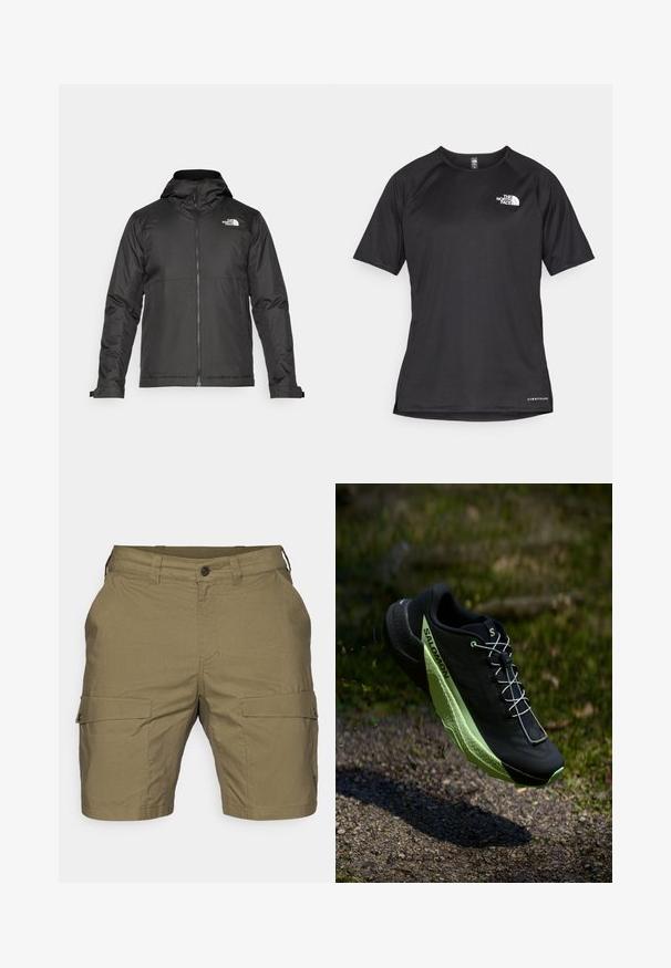 Musthave musta kapuutsiga fliisjakk, mis on valmistatud siledast kangast. Uhkeldab rindkere kohal oleva logoga ning reguleeritavate mansettidega, et tagada mugav ja tihe istuvus.; Must mustreening, lühikeste varrukatega sportpoliis, millel on tekstuuriga kangas, valge logo vasakul rinnal ja sirge äär.; Oliivrohelised cargo-lühikesed püksid, millel on nööbiga kinnine, kaks esimist taskut ning kaks külgtaskut klappidega. Tekstureeritud kangas.; Mustad must jooksujalats musta värviga, millel on tekstuuriga pind ja rohelised detailid. Omab kerget disaini ja unikaalset mustrit põrandal, mis tagab haarde.