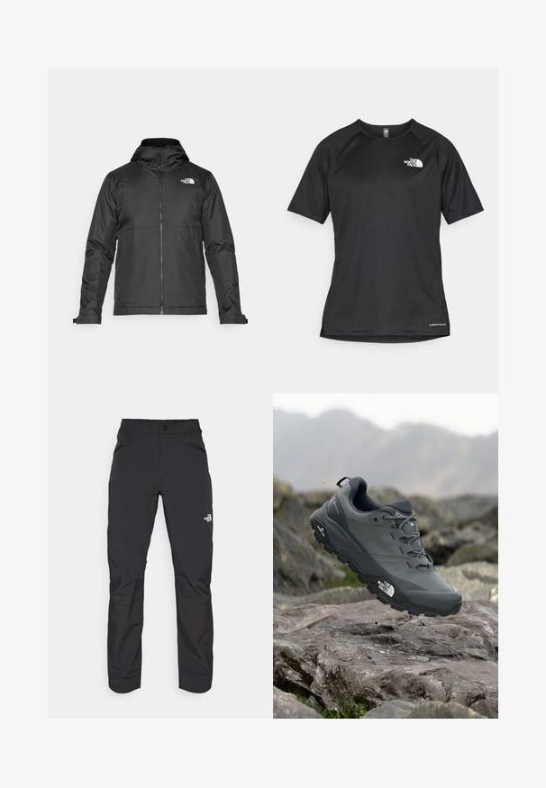 Melna zip-up jakas ar kapuci, izgatavota no gludas auduma. Tajā ir logo uz krūtīm un regulējami aproces, lai nodrošinātu ciešu piegulšanu.; Melna sporta krekla īsām piedurknēm ar strukturētu audumu, kas ir ar baltu logotipu kreisajā krūtīs un taisnu apakšmalu.; Melnas āra bikses ar rāvējslēdzēju priekšējā kabatā, sintētisks materiāls, sašaurinātas kājas un pastiprinātas ceļa paneļi. Iespējams, ar pogas aizdari.; Pelēki skrējēju apavi ar teksturētu virsu, izturīgu gumijas zoli un pastiprinātu pirkstu daļu. Iekļauj šņores un zīmola logo sānos.