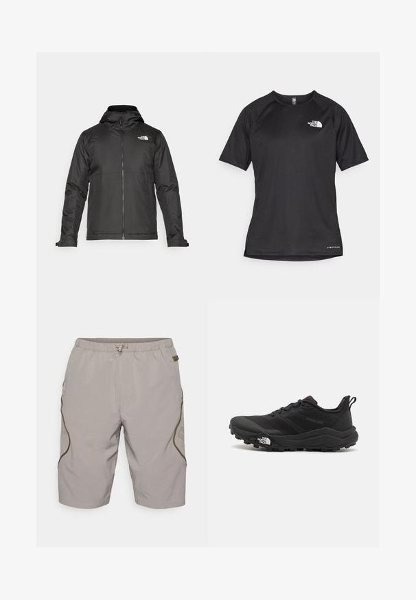 Zwarte zip-up jas met een capuchon, gemaakt van gladde stof. Heeft een logo op de borst en verstelbare manchetten voor een comfortabele pasvorm.; Zwarte sportshirt met korte mouwen van textuurstof, met een wit logo op de linkerborst en een rechte zoom.; Beige shorts met een gestructureerd patroon, elastische tailleband, trekkoord en zijaccenten. Bevat mesh panelen voor ademend vermogen.; Zwarte trailrunning schoen met een gestructureerde bovenkant, rubberen zool en versterkte neus. Voorzien van een gevoerde kraag en een trekhaak voor eenvoudig aan- en uittrekken.