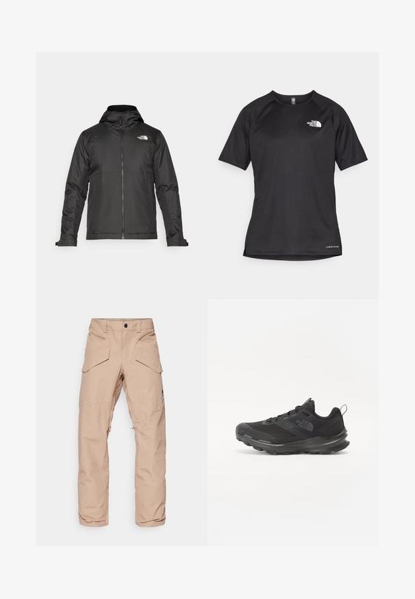 Schwarze Zip-Jacke mit Kapuze, aus glattem Stoff. Verfügt über ein Logo auf der Brust und verstellbare Bündchen für einen engen Sitz.; Schwarzes kurzärmliges Sportshirt aus strukturiertem Stoff, mit einem weißen Logo auf der linken Brust und einem geraden Saum.; Hellebeige Cargo-Hosen aus wasserabweisendem Stoff, ausgestattet mit mehreren Taschen, verstärkten Knien und einem Reißverschluss am unteren Bein für Flexibilität.; Schwarzer Sportschuh mit Mesh-Obermaterial, Gummisohle und gepolstertem Schaft. Verfügt über Schnürsenkel, Logo an der Seite und ein strukturiertes Design.