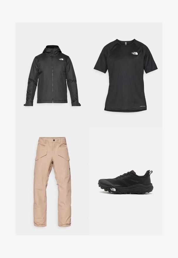 Schwarze Zip-Jacke mit Kapuze, aus glattem Stoff. Verfügt über ein Logo auf der Brust und verstellbare Bündchen für einen engen Sitz.; Schwarzes kurzärmliges Sportshirt aus strukturiertem Stoff, mit einem weißen Logo auf der linken Brust und einem geraden Saum.; Hellebeige Cargo-Hosen aus wasserabweisendem Stoff, ausgestattet mit mehreren Taschen, verstärkten Knien und einem Reißverschluss am unteren Bein für Flexibilität.; Schwarzer Trailrunning-Schuh mit strukturiertem Obermaterial, Gummisohle und verstärkter Zehenkappe. Verfügt über einen gepolsterten Kragen und eine Ziehlasche für einfaches Anziehen.