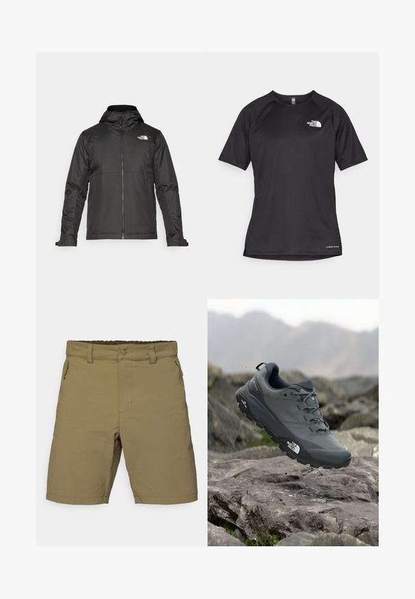 Sort lynlåsjakke med hætte, lavet af glat stof. Har et logo på brystet og justerbare manchetter for en tætsiddende pasform.; Sort kortærmet træningsskjorte i tekstureret stof med et hvidt logo på venstre bryst og lige kant.; Khaki shorts lavet af letvægtsstof, med en lynlåslomme, knaplukning og en lige kant. Livremmen er delvist elastisk.; Grå trail løbesko med en tekstureret overdel, slidstærk gummisål og forstærket tåkap. Har snørebånd og mærkelogo på siden.