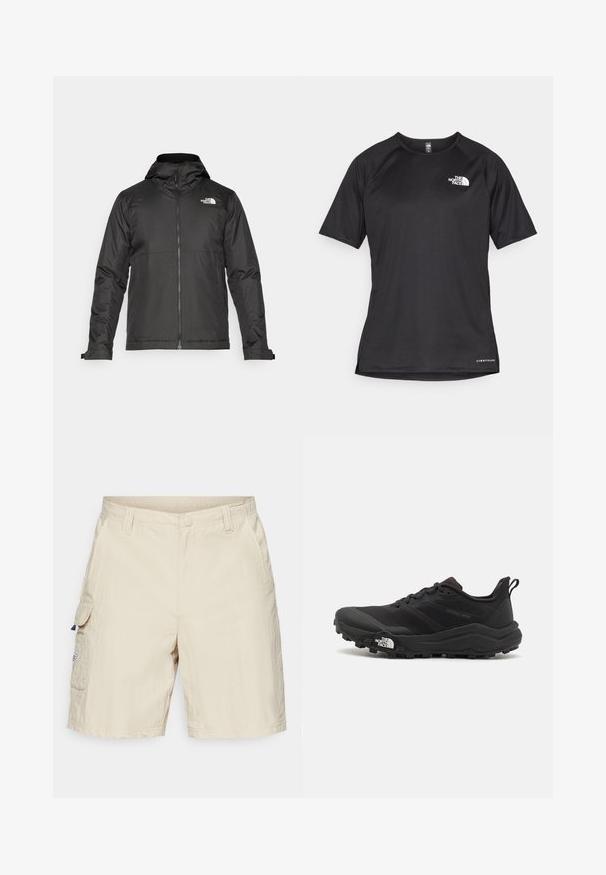 Black zip-up jacket with a hood, made of smooth fabric. Features a logo on the chest and adjustable cuffs for a snug fit.; Black short-sleeve athletic shirt with a textured fabric, featuring a white logo on the left chest and a straight hem.; Beige cargo shorts with side pockets, a button closure, and a textured fabric. Features a small label on the left pocket.; Black trail running shoe with a textured upper, rubber sole, and reinforced toe cap. Features a padded collar and pull tab for easy wear.