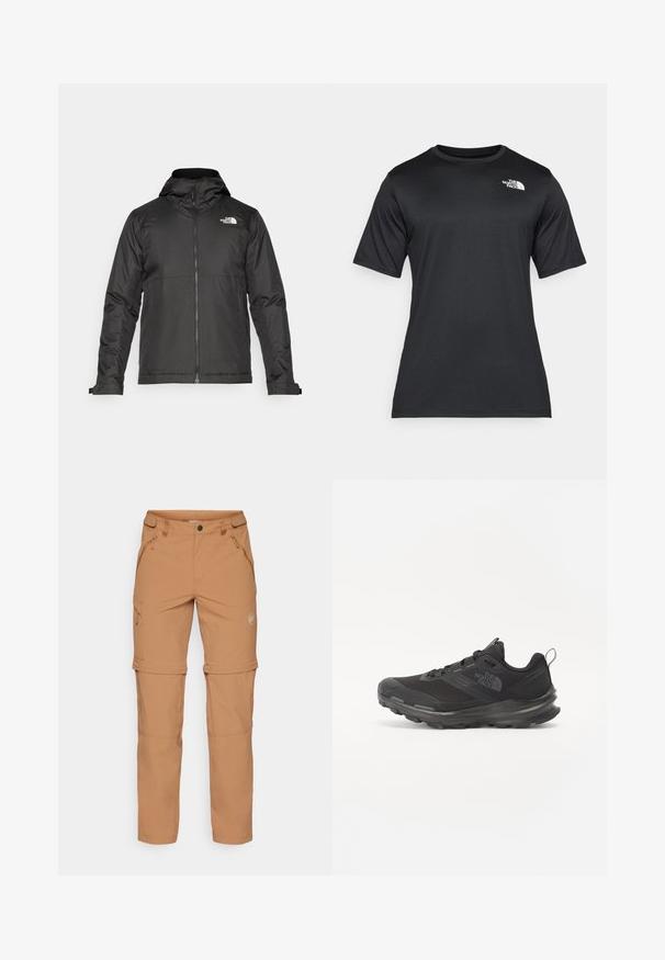 Svart zip-up jacka med huva, tillverkad av mjukt tyg. Funktionen inkluderar en logotyp på bröstet och justerbara ärmslut för en tät passform.; Svart kortärmad t-shirt i lätt, fuktavvisande material. Har en vit logotyp på vänster bröst och rund halsringning.; Mammut RUNBOLD ZIP OFF PANTS MEN - Friluftsbyxor - claystone; Svart idrottssko med mesh-överdel, gummiyttersula och vadderad krage. Utrustad med snören, logotyp på sidan och en strukturerad design.