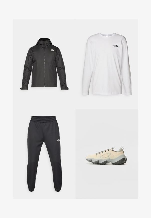 Black zip-up jacket with a hood, made of smooth fabric. Features a logo on the chest and adjustable cuffs for a snug fit.; White long-sleeve T-shirt made of cotton with a crew neck. Features a small black logo on the chest. Smooth texture, regular fit.; Black sweatpants with a drawstring waist, tapered fit, elastic cuffs, and a small white logo on the left thigh, made from smooth fabric.; Beige athletic shoes with a textured mesh upper, grey rubber sole, prominent curved design, and grey laces. Features a pull tab on the heel.