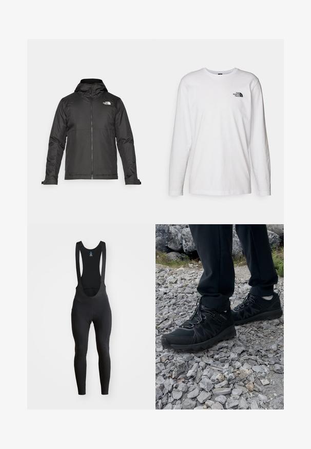 Černá zipová bunda s kapucí, vyrobená z hladké tkaniny. Obsahuje logo na hrudi a nastavitelné manžety pro pohodlné nošení.; Bílý dlouhý rukáv tričko vyrobené z bavlny s kulatým výstřihem. Na hrudi se nachází malé černé logo. Hladká textura, běžný střih.; Černé cyklistické kukly s kšandami, elastickou tkaninou a vycpanou sedací částí. Hladký povrch s plochými švy pro pohodlí.; Černé venkovní boty z prodyšného a syntetického materiálu, s texturovaným svrškem, bezpečným šněrovacím systémem a robustní podrážkou, na skalnatém terénu.