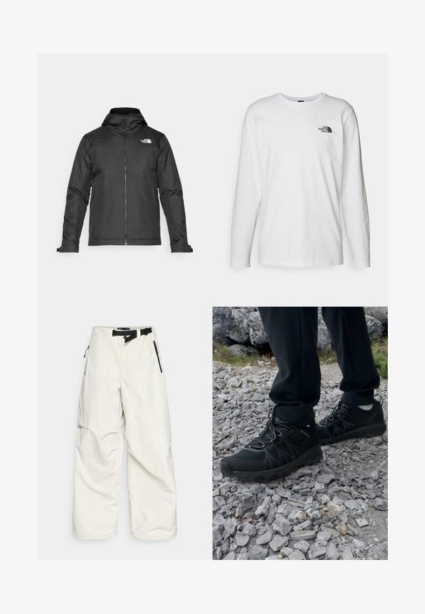 Giacca nera con zip e cappuccio, realizzata in tessuto liscio. Presenta un logo sul petto e polsini regolabili per una vestibilità aderente.; T-shirt bianco a maniche lunghe in cotone con colletto rotondo. Presenta un piccolo logo nero sul petto. Texture liscia, vestibilità regolare.; Pantaloni cargo bianchi realizzati in tessuto resistente all'acqua, dotati di una cintura in vita, tasche laterali con cerniere e un design ampio e morbido.; Scarpe da esterni nere realizzate in mesh e materiale sintetico, con una parte superiore testurizzata, un sistema di allacciatura sicuro e una suola robusta, su terreno roccioso.