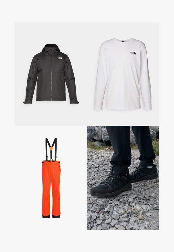 Giacca nera con zip e cappuccio, realizzata in tessuto liscio. Presenta un logo sul petto e polsini regolabili per una vestibilità aderente.; T-shirt bianco a maniche lunghe in cotone con colletto rotondo. Presenta un piccolo logo nero sul petto. Texture liscia, vestibilità regolare.; Pantaloni da sci impermeabili arancioni con bretelle nere regolabili, tasche con zip e dettagli neri ai polsini. Tessuto resistente, design a gamba dritta.; Scarpe da esterni nere realizzate in mesh e materiale sintetico, con una parte superiore testurizzata, un sistema di allacciatura sicuro e una suola robusta, su terreno roccioso.