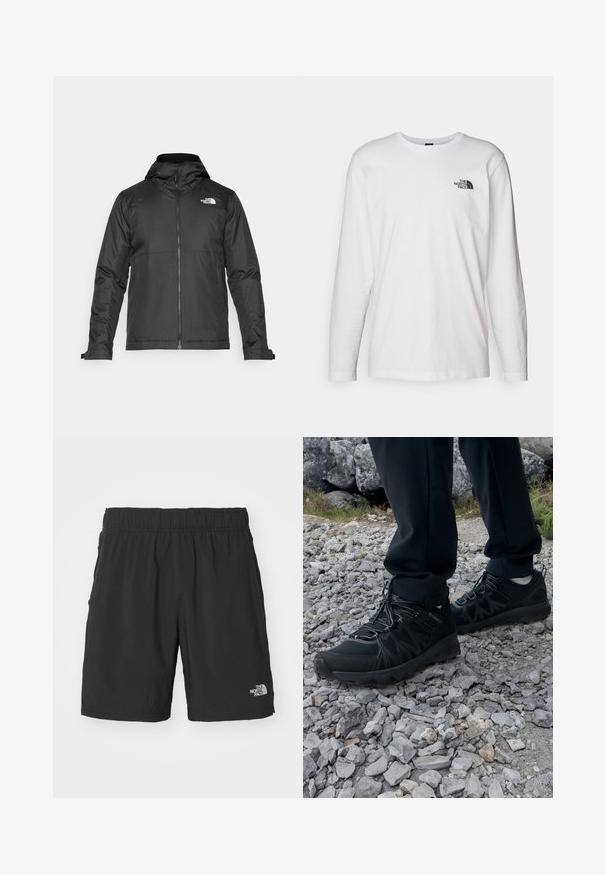 Musta vetoketjullinen takki, jossa on huppu ja joka on valmistettu sileästä kankaasta. Takissa on logo rinnassa ja säädettävät hihansuut tiiviin istuvuuden saavuttamiseksi.; Valkoinen pitkähihaisen T-paita, joka on valmistettu puuvillasta ja jossa on pyöreä kaula-aukko. Rintamuksessa on pieni musta logo. Sileä kangas, normaali malli.; Mustat shortsit kevyestä kankaasta. Elastinen vyötärö ja nyöri, sivutaskut ja pieni logo vasemmassa alalahkeessa.; Mustat ulkokengät, joissa on verkko- ja synteettinen materiaali, teksturoitu päällinen, varma nauhoitusjärjestelmä ja kestävä pohja kivikkoisella maastolla.