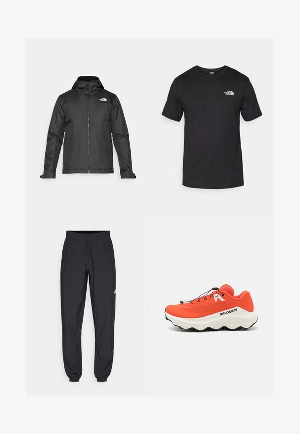 Veste zippée noire avec capuche, en tissu lisse. Présente un logo sur la poitrine et des poignets ajustables pour un ajustement parfait.; T-shirt noir à manches courtes en coton, avec un col rond et un petit logo blanc sur le côté supérieur gauche de la poitrine.; Pantalon de sport noir en tissu léger, avec une taille à cordon, des poches latérales et des chevilles resserrées.; Chaussures de trail orange avec tige en mesh, semelle intermédiaire blanche, semelle extérieure noire texturée et lacets élastiques réglables. Marque présente sur le côté.
