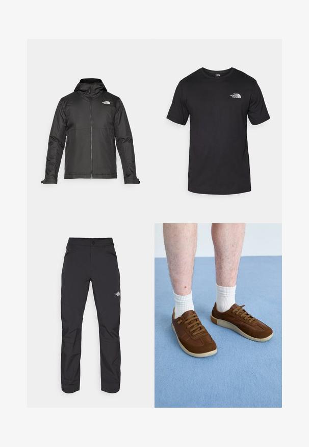 Fekete zipzáras dzseki, kapucnival, sima anyagból készült. A mellkasán logóval és állítható mandzsettákkal rendelkezik a kényelmes illeszkedés érdekében.; Fekete rövidujjú pamut póló, kerek nyakkivágással, a bal felső mellkason egy kis fehér logóval.; Fekete kültéri nadrág, cipzáras elülső zsebbel, szintetikus anyagból készült, szűkített lábakkal és megerősített térdpanelekkel. Gombos záródással rendelkezik.; Barna vászoncipők, melyek nubukbőrből és bőrből készültek, gumitalppal, lekerekített formával és hat szemlyukkal, azonos barna cipőfűzőkkel.