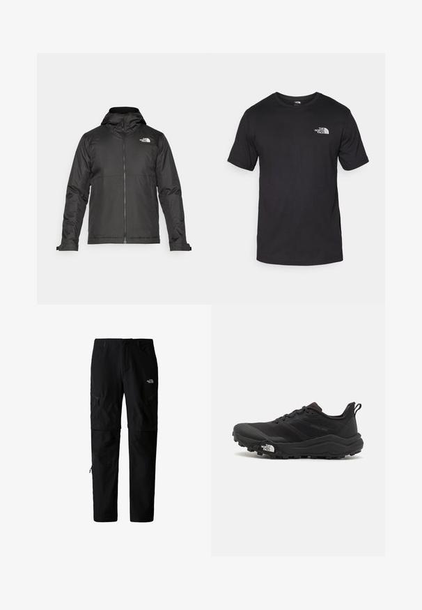 Black zip-up jacket with a hood, made of smooth fabric. Features a logo on the chest and adjustable cuffs for a snug fit.; Black short-sleeve t-shirt made of cotton, featuring a round neckline and a small white logo on the upper left chest area.; Black outdoor pants made from lightweight fabric with zippered pockets, adjustable waist, and zip-off legs for converting to shorts.; Black trail running shoe with a textured upper, rubber sole, and reinforced toe cap. Features a padded collar and pull tab for easy wear.