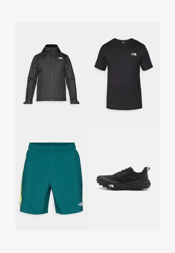 Fekete zipzáras dzseki, kapucnival, sima anyagból készült. A mellkasán logóval és állítható mandzsettákkal rendelkezik a kényelmes illeszkedés érdekében.; Fekete rövidujjú pamut póló, kerek nyakkivágással, a bal felső mellkason egy kis fehér logóval.; Téglazöld rövidnadrág, rugalmas derékkal, oldalsó sárga díszítéssel és kis fehér logóval a jobb lábszáron, könnyű anyagból készült.; Fekete terepfutó cipő, textúrált felső résszel, gumitalppal és megerősített lábujjrészével. Párnázott bokarésszel és húzófüllel rendelkezik a könnyű felhúzáshoz.