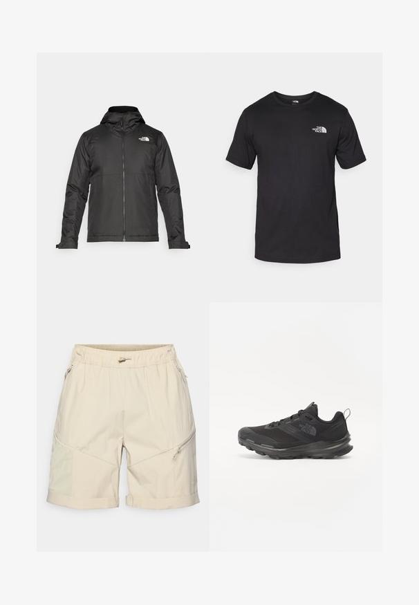 Musta vetoketjullinen takki, jossa on huppu ja joka on valmistettu sileästä kankaasta. Takissa on logo rinnassa ja säädettävät hihansuut tiiviin istuvuuden saavuttamiseksi.; Mustat lyhythihaiset t-paidat, jotka on valmistettu puuvillasta. paidassa on pyöreä pääntie ja pieni valkoinen logo vasemmassa ylärintataskussa.; Vaaleanbeiget lyhyet housut, jotka on valmistettu kevyestä kankaasta. Niissä on elastinen vyötärö, vetoketjulliset taskut ja käänteinen helma, jossa on kontrastisia tekstuuripaneeleja.; Musta urheilujalkine, jossa on verkko päällinen, kumipohja ja pehmustettu varsi. Varusteena nauhat, logo sivussa ja teksturoitu kuvio.