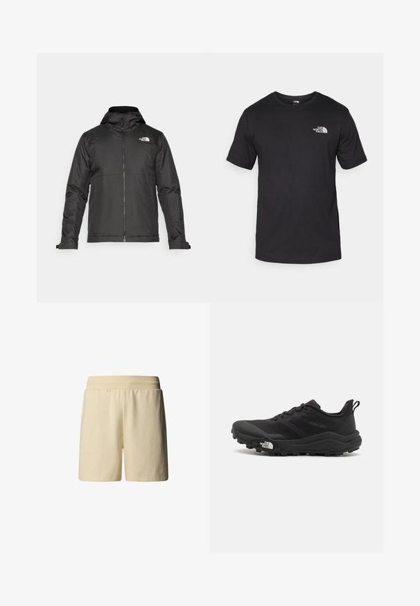 Zwarte zip-up jas met een capuchon, gemaakt van gladde stof. Heeft een logo op de borst en verstelbare manchetten voor een comfortabele pasvorm.; Zwarte T-shirt met korte mouwen van katoen, voorzien van een ronde halslijn en een klein wit logo op de bovenste linkerkant van de borst.; Lichtbeige shorts van zachte katoen, met een elastische tailleband en een casual ontwerp zonder zichtbare zakken of patronen.; Zwarte trailrunning schoen met een gestructureerde bovenkant, rubberen zool en versterkte neus. Voorzien van een gevoerde kraag en een trekhaak voor eenvoudig aan- en uittrekken.