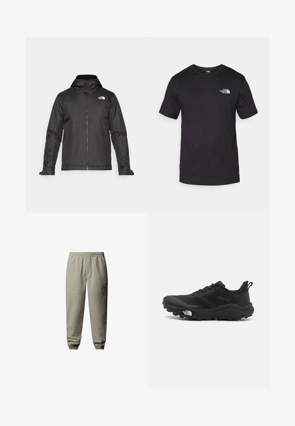 Black zip-up jacket with a hood, made of smooth fabric. Features a logo on the chest and adjustable cuffs for a snug fit.; Black short-sleeve t-shirt made of cotton, featuring a round neckline and a small white logo on the upper left chest area.; Light beige, elastic-waist joggers with tapered cuffs, made from smooth, water-resistant fabric. Features subtle logo detail.; Black trail running shoe with a textured upper, rubber sole, and reinforced toe cap. Features a padded collar and pull tab for easy wear.