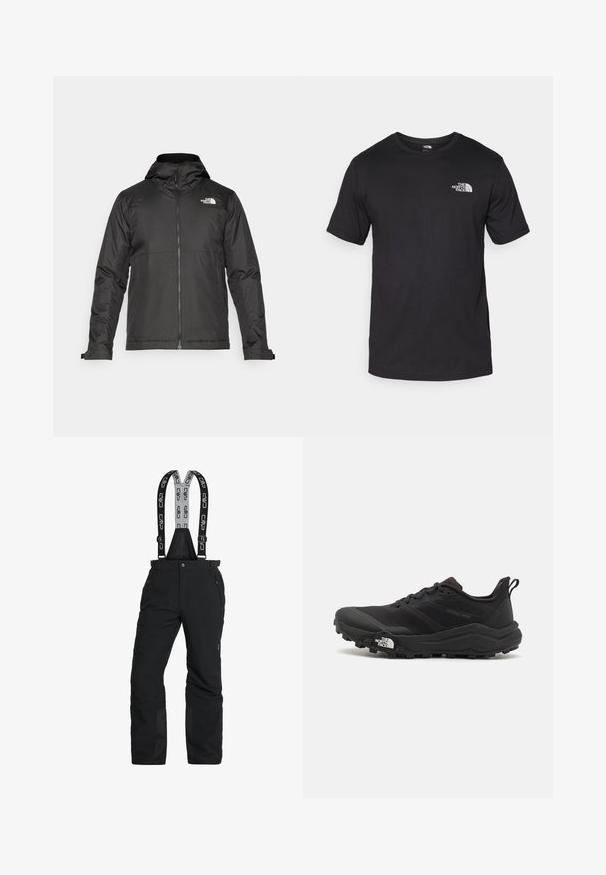 Melna zip-up jakas ar kapuci, izgatavota no gludas auduma. Tajā ir logo uz krūtīm un regulējami aproces, lai nodrošinātu ciešu piegulšanu.; Melna īsām piedurknēm T-krekls, kas izgatavots no kokvilnas, ar apaļu dekoltē un nelielu baltu logotipu augšējā kreisajā krūtīs.; Melni sniega bikses ar regulējamiem plecu siksnām, ar rāvējslēdzēju kabatām un pastiprinātām potītēm. Izgatavotas no ūdensnecaurlaidīga materiāla ar gludu tekstūru.; Melnas taku skriešanas kurpes ar teksturētu virsu, gumijas zoli un pastiprinātu pirkstu daļu. Aprīkotas ar mīkstu apkakli un vilkšanas cilpu, lai viegli uzvilktu.