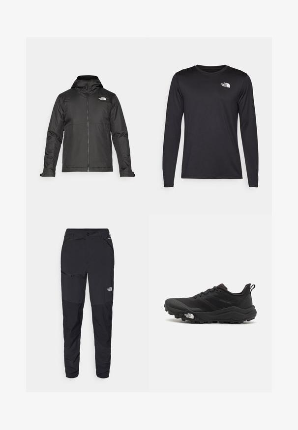 Černá zipová bunda s kapucí, vyrobená z hladké tkaniny. Obsahuje logo na hrudi a nastavitelné manžety pro pohodlné nošení.; Černé funkční tričko s dlouhým rukávem vyrobené z lehkého materiálu, s bílým logem na horní levé části hrudi. Hladká textura.; Černé venkovní kalhoty s tapered střihem, vyrobené z odolné látky. Obsahují kapsy na zip a diskrétní logo na přední noze.; Černé trailové běžecké boty s texturovaným svrškem, gumovou podrážkou a vyztuženou špičkou. Obsahují polstrovaný límec a poutko pro snadné obouvání.