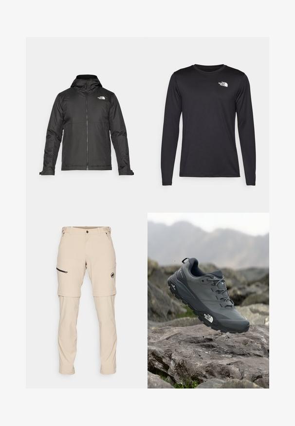 Czarna kurtka zapinana na zamek z kapturem, wykonana z gładkiego materiału. Posiada logo na piersi oraz regulowane mankiety zapewniające dopasowanie.; Czarna koszulka z długim rękawem, wykonana z lekkiego materiału, z białym logo na górnej lewej części klatki piersiowej. Gładka tekstura.; Mammut - Długie spodnie trekkingowe; Szare buty do biegania w terenie z teksturową cholewką, trwałą gumową podeszwą i wzmocnionym noskiem. Posiadają sznurowadła oraz logo marki z boku.