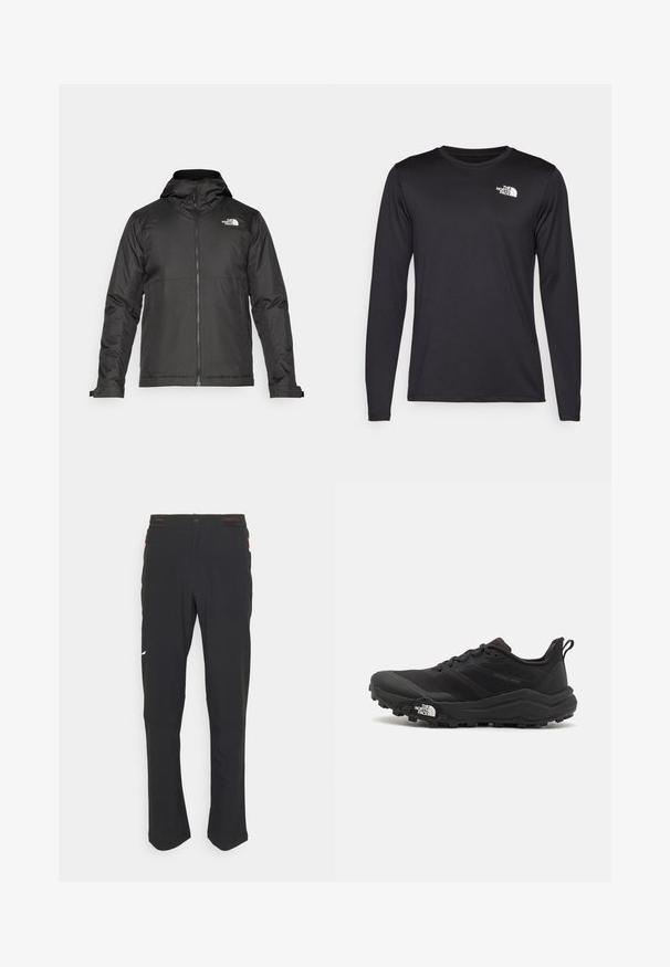 Black zip-up jacket with a hood, made of smooth fabric. Features a logo on the chest and adjustable cuffs for a snug fit.; Long-sleeved black performance t-shirt made of lightweight fabric, featuring a white logo on the upper left chest. Smooth texture.; Black athletic pants made of lightweight fabric, featuring a fitted waist, straight legs, and a small white logo on the left thigh.; Black trail running shoe with a textured upper, rubber sole, and reinforced toe cap. Features a padded collar and pull tab for easy wear.