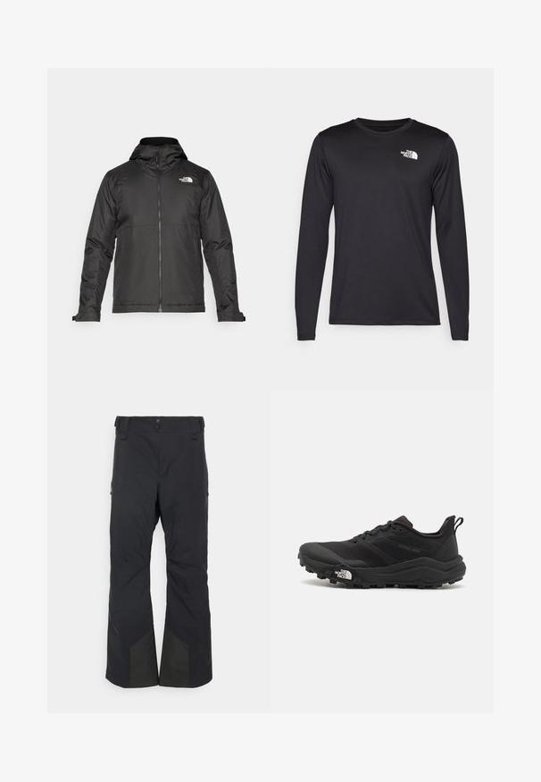 Crna majica sa zatvaračem i kapuljačom, izrađena od glatke tkanine. Ima logo na prsima i podesive manžete za udobno pristajanje.; Crna majica s dugim rukavima za performanse, napravljena od laganog materijala, s bijelim logotipom na gornjoj lijevoj strani prsnog koša. Glatka tekstura.; Crne skijaške hlače ravnog kroja, s kopčanjem na dugme, dva bočna džepa i ojačanim tamnim preklopima na donjim dijelovima nogavica.; Crne trail trkačke cipele s teksturiranim gornjim dijelom, gumeni potplat i ojačana zaštita za prste. Imaju podstavljen ovratnik i trakicu za lakše obuvanje.
