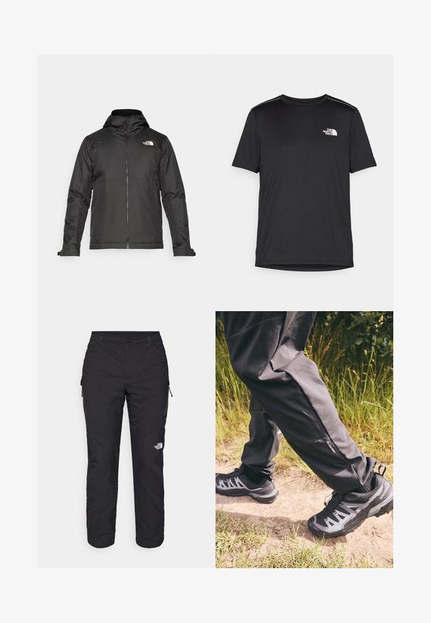 Melna zip-up jakas ar kapuci, izgatavota no gludas auduma. Tajā ir logo uz krūtīm un regulējami aproces, lai nodrošinātu ciešu piegulšanu.; Melnas īsām piedurknēm T-kreklas, izgatavots no viegla auduma. Uz kreisā krūtīm ir neliels balts logo un smalki plecu akcenti.; The North Face WINTER EXPLORATION TAPERED CARGO - Āra bikses - black; Melnas ūdensizturīgas bikses ar brīvu piegriezumu, kurām ir neliela sānu kabata. Apvienotas ar izturīgām melnām un pelēkām pārgājienu kurpēm ar rakstu.