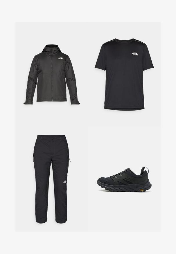 Fekete zipzáras dzseki, kapucnival, sima anyagból készült. A mellkasán logóval és állítható mandzsettákkal rendelkezik a kényelmes illeszkedés érdekében.; Fekete, rövid ujjú póló, könnyű anyagból készült. Bal mellen egy kis fehér logó található, és finom vállrész kiemelések.; The North Face WINTER EXPLORATION TAPERED CARGO - Szabadtéri nadrágok - black; Fekete túracipő hálós és gumiból készült felsőrésszel, tömör, texturált talppal, párnázott bokarészes és fényvisszaverő elemekkel. Vibram logó a talpon.