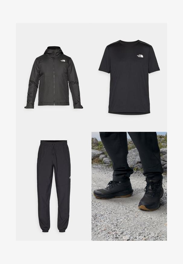 Fekete zipzáras dzseki, kapucnival, sima anyagból készült. A mellkasán logóval és állítható mandzsettákkal rendelkezik a kényelmes illeszkedés érdekében.; Fekete, rövid ujjú póló, könnyű anyagból készült. Bal mellen egy kis fehér logó található, és finom vállrész kiemelések.; Fekete sportnadrág, könnyű anyagból készült, húzózsinóros derékkal, oldalsó zsebekkel és szűkített szárakkal a bokáknál.; Fekete túracipők hálós és gumis anyagból, textúrált felülettel, fűzőkkel és gumis talppal, amelyek alkalmasak kültéri használatra.