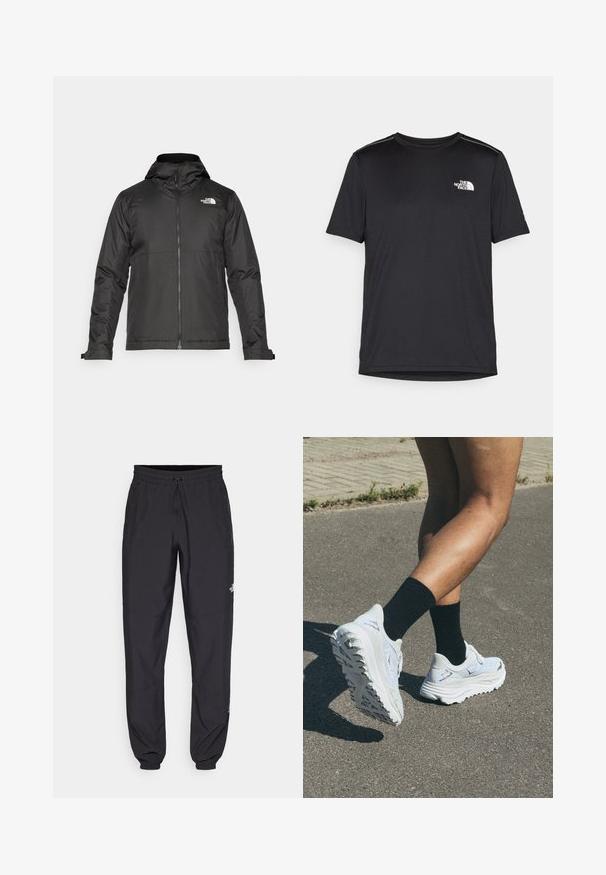 Black zip-up jacket with a hood, made of smooth fabric. Features a logo on the chest and adjustable cuffs for a snug fit.; Black short-sleeve T-shirt made from lightweight fabric. Features a small white logo on the left chest and subtle shoulder accents.; Black athletic pants made from lightweight fabric, featuring a drawstring waistband, side pockets, and tapered cuffs at the ankles.; White running shoes with textured upper, thick white sole, and black accents, worn with black ankle socks on a paved surface.