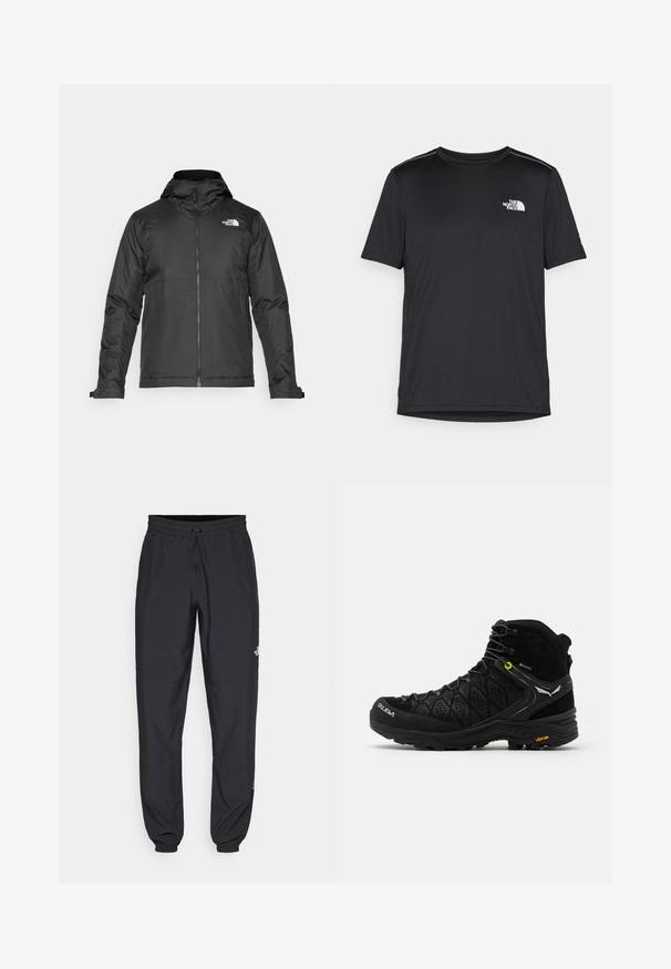 Black zip-up jacket with a hood, made of smooth fabric. Features a logo on the chest and adjustable cuffs for a snug fit.; Black short-sleeve T-shirt made from lightweight fabric. Features a small white logo on the left chest and subtle shoulder accents.; Black athletic pants made from lightweight fabric, featuring a drawstring waistband, side pockets, and tapered cuffs at the ankles.; Black hiking boot featuring a textured upper, reinforced toe, and Vibram sole. Lacing system includes hooks for secure fit.