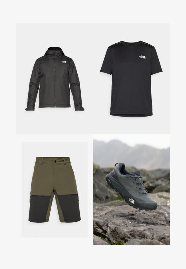 Czarna kurtka zapinana na zamek z kapturem, wykonana z gładkiego materiału. Posiada logo na piersi oraz regulowane mankiety zapewniające dopasowanie.; Czarny t-shirt z krótkim rękawem, wykonany z lekkiego materiału. Posiada małe białe logo na lewej piersi oraz subtelne akcenty na ramionach.; Oliwkowe szorty z czarnymi akcentami, z kieszenią na zamek błyskawiczny i gładką teksturą. Zaprojektowane w prostym kroju i z trwałego materiału.; Szare buty do biegania w terenie z teksturową cholewką, trwałą gumową podeszwą i wzmocnionym noskiem. Posiadają sznurowadła oraz logo marki z boku.