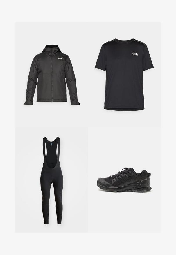 Musta vetoketjullinen takki, jossa on huppu ja joka on valmistettu sileästä kankaasta. Takissa on logo rinnassa ja säädettävät hihansuut tiiviin istuvuuden saavuttamiseksi.; Mustapaita lyhyillä hihoilla, joka on valmistettu kevyestä kankaasta. Siinä on pieni valkoinen logo vasemmassa rinnassa ja huomaamattomia olkakoristeita.; Mustat pyöräilyhousut, joissa on suspenderit, joustava kangas ja pehmustettu istuinalue. Sujuva pinta ja litteät saumat mukavuutta varten.; Musta urheilukenkä, jossa on verkkopinta, kumipohja ja joustava nauhoitusjärjestelmä. Varustettu vahvistetulla varpaalla ja teksturoiduilla yksityiskohdilla.