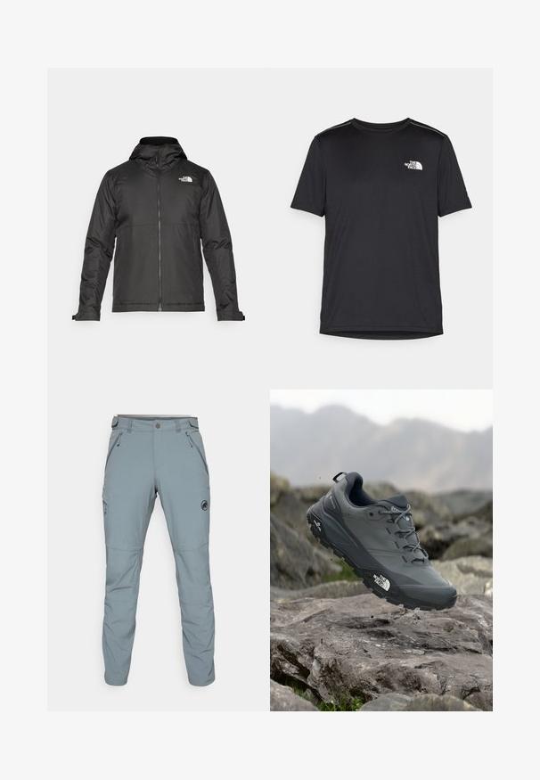 Svart zip-up jakke med hette, laget av glatt materiale. Har et logo på brystet og justerbare mansjetter for en tett passform.; Svart kortermet T-skjorte laget av lett materiale. Har en liten hvit logo på venstre bryst og subtile skulderdetaljer.; Mammut RUNBOLD PANTS MEN - Bukse - blue/grey; Grå terrengløpesko med en teksturert overdel, slitesterk gummisåle og forsterket tåhette. Inkluderer snørebånd og merkevarelogo på siden.