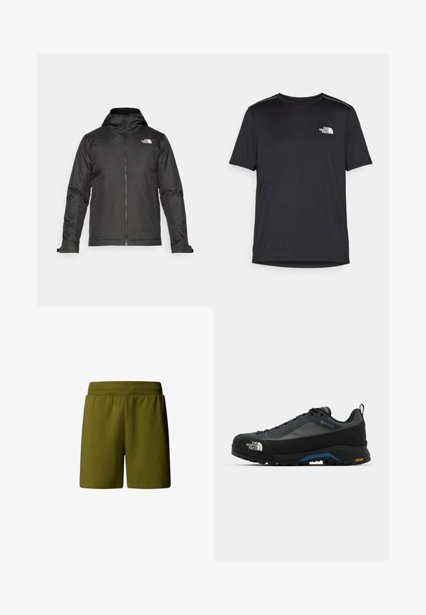 Czarna kurtka zapinana na zamek z kapturem, wykonana z gładkiego materiału. Posiada logo na piersi oraz regulowane mankiety zapewniające dopasowanie.; Czarny t-shirt z krótkim rękawem, wykonany z lekkiego materiału. Posiada małe białe logo na lewej piersi oraz subtelne akcenty na ramionach.; Oliwkowe, miękkie szorty bawełniane z elastycznym paskiem w talii, o luźnym kroju, bez widocznych kieszeni i ozdób.; The North Face VERTO ALPINE szary