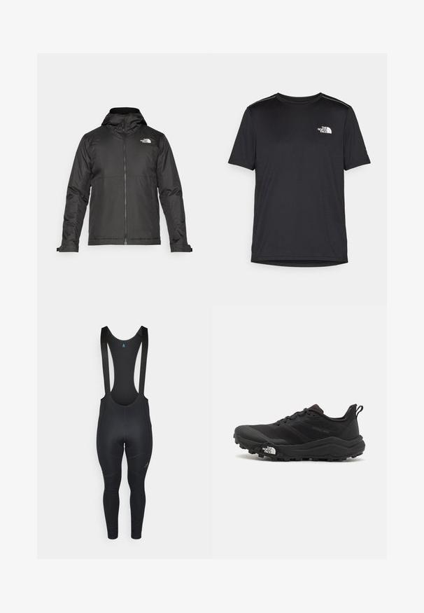 Melna zip-up jakas ar kapuci, izgatavota no gludas auduma. Tajā ir logo uz krūtīm un regulējami aproces, lai nodrošinātu ciešu piegulšanu.; Melnas īsām piedurknēm T-kreklas, izgatavots no viegla auduma. Uz kreisā krūtīm ir neliels balts logo un smalki plecu akcenti.; Melni velosipēdu bikses ar regulējamām siksnām, bezšuvju dizainu, polsterētu sēdvietu un logo detaļu uz kreisās kājas. Gluda, elastīga auduma.; Melnas taku skriešanas kurpes ar teksturētu virsu, gumijas zoli un pastiprinātu pirkstu daļu. Aprīkotas ar mīkstu apkakli un vilkšanas cilpu, lai viegli uzvilktu.