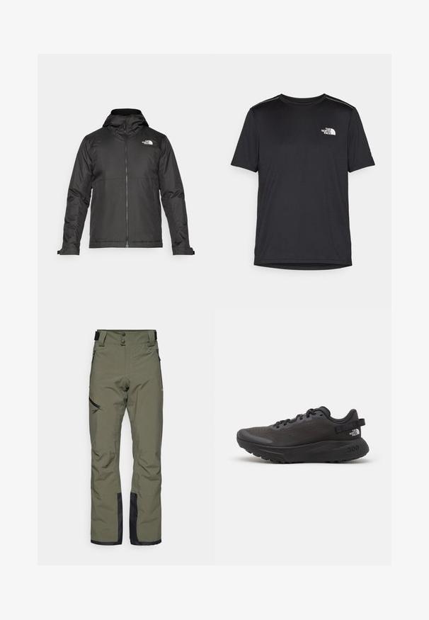 Black zip-up jacket with a hood, made of smooth fabric. Features a logo on the chest and adjustable cuffs for a snug fit.; Black short-sleeve T-shirt made from lightweight fabric. Features a small white logo on the left chest and subtle shoulder accents.; Olive green ski pants made from waterproof fabric, featuring a double-button closure, side zip pockets, and black lower leg accents.; Black athletic shoe with mesh upper, padded collar, and rubber sole. Features textured design and branding on the heel. Lightweight construction.