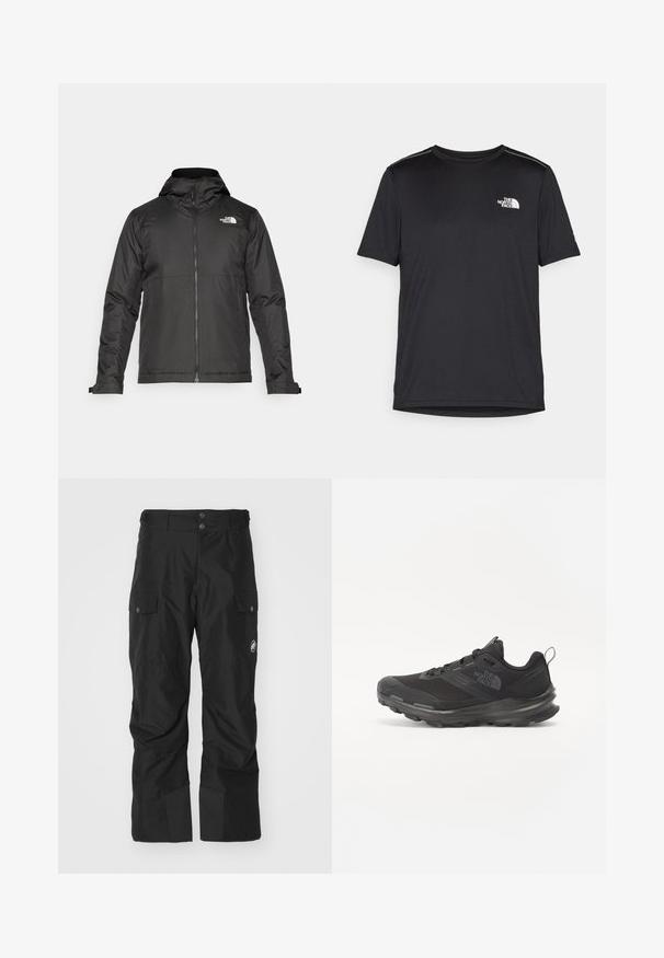 Casaco preto com fecho éclair e capuz, feito de tecido suave. Apresenta um logotipo no peito e punhos ajustáveis para um encaixe perfeito.; T-shirt preto de manga curta feito de um tecido leve. Apresenta um pequeno logo branco ao lado esquerdo do peito e detalhes subtis nos ombros.; Calças de carga pretas feitas de material impermeável, com dois bolsos laterais, uma perna inferior reforçada e fecho de botão na cintura.; Sapatilha atlética preta com parte superior em malha, sola de borracha e colarinho almofadado. Apresenta atacadores, logótipo de lado e um design texturizado.