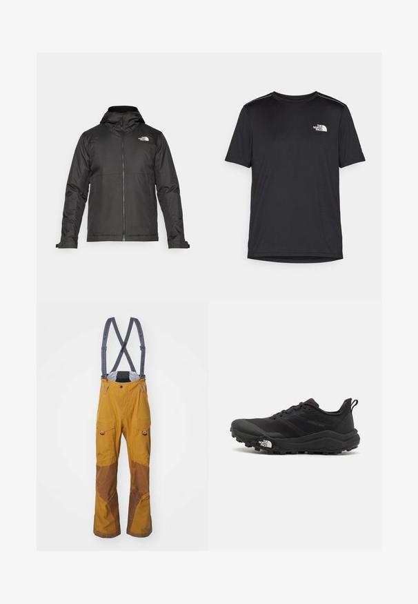 Melna zip-up jakas ar kapuci, izgatavota no gludas auduma. Tajā ir logo uz krūtīm un regulējami aproces, lai nodrošinātu ciešu piegulšanu.; Melnas īsām piedurknēm T-kreklas, izgatavots no viegla auduma. Uz kreisā krūtīm ir neliels balts logo un smalki plecu akcenti.; Klättermusen BRAGE SALOPETTE - Slēpošanas bikses - mustard; Melnas taku skriešanas kurpes ar teksturētu virsu, gumijas zoli un pastiprinātu pirkstu daļu. Aprīkotas ar mīkstu apkakli un vilkšanas cilpu, lai viegli uzvilktu.